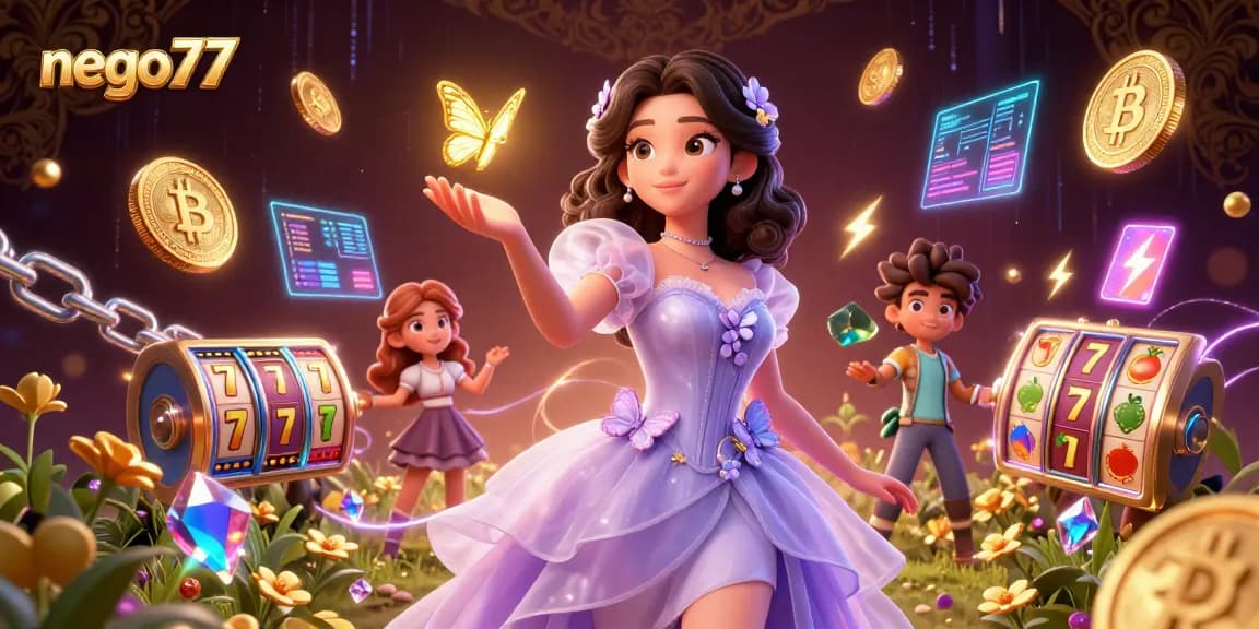 Nego77 slots and gaming illustration with a stunning Asian woman, golden butterflies, and crypto elements.