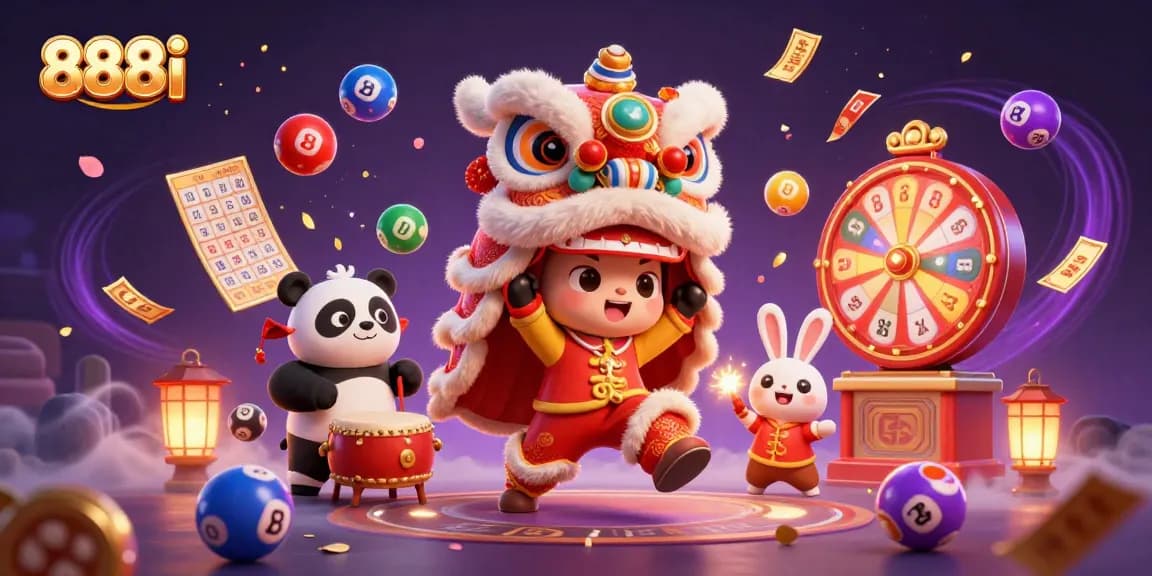 Experience dynamic gaming excitement with 888i featuring colorful lottery elements and festive characters.