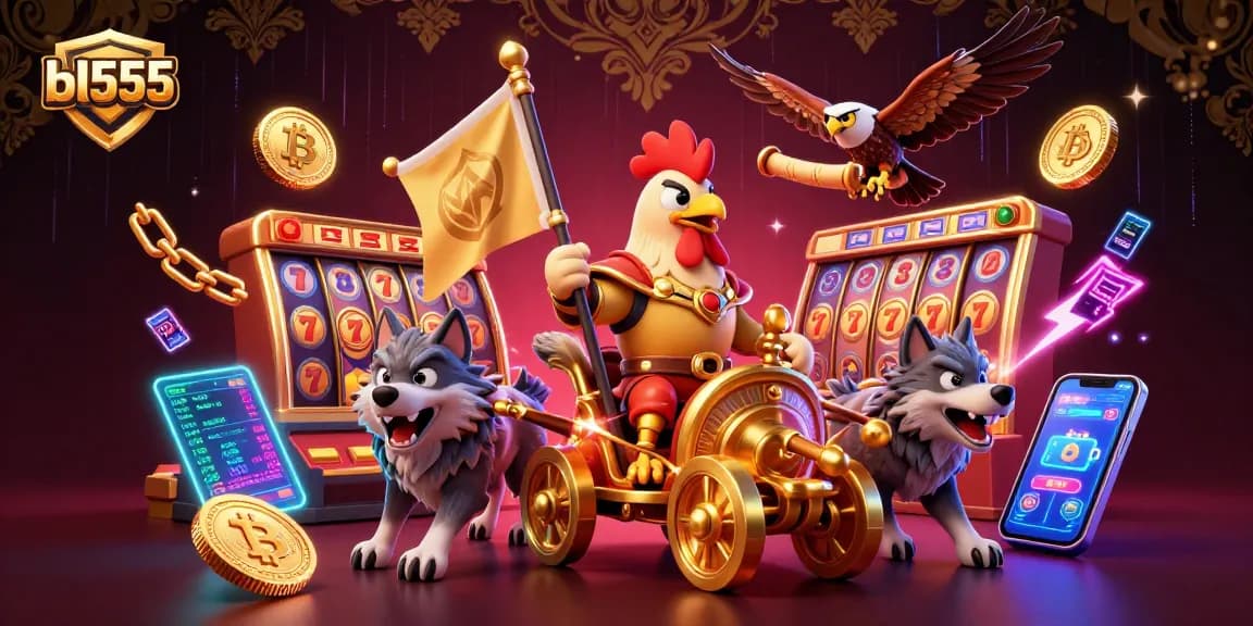 Engage in thrilling gaming adventures at bl555 with dynamic scenes of a rooster warlord and exciting slot reels.