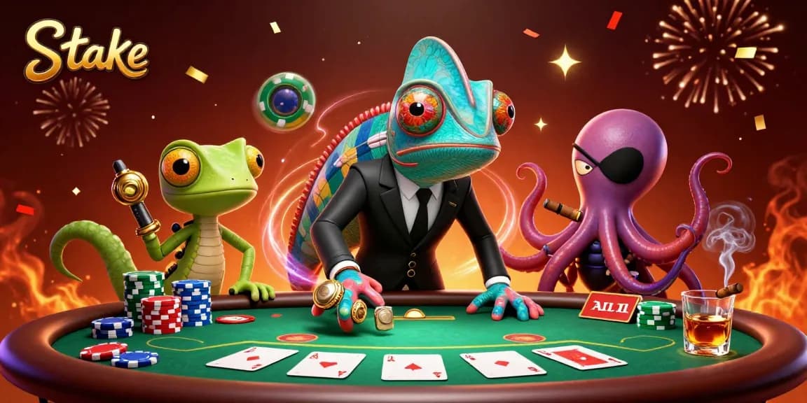 Experience the thrill at Stake with a vibrant poker scene featuring colorful characters and dramatic elements.