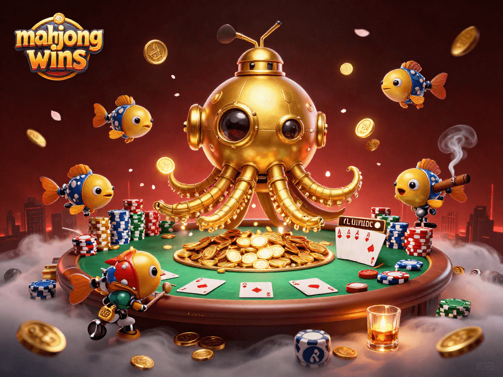 Experience mahjong wins in this vibrant 3D illustration showcasing a golden kraken and poker elements.