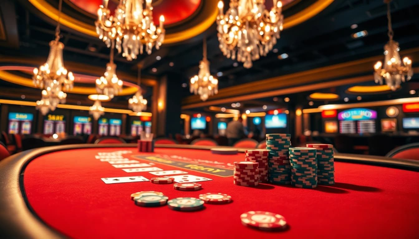bbni4d sedang memainkan blackjack di kasino mewah dengan chip berwarna dan suasana yang energik.