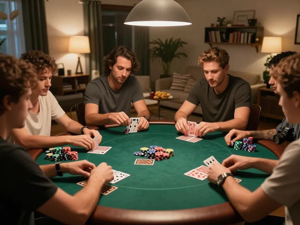 Friends enjoying an exciting poker night at home, showcasing strategic gameplay and camaraderie with uu88.