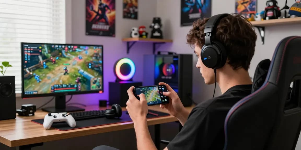 Dynamic mobile gaming experience with slot7000 featuring accessories and vibrant room.