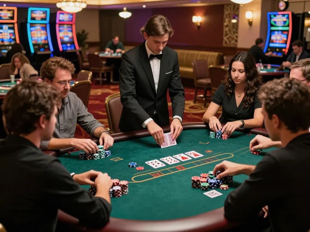 Players strategizing at KO66 poker table amid vibrant casino atmosphere