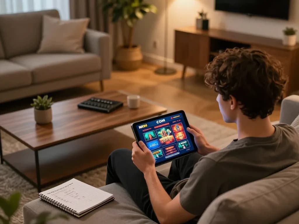 Player engaged in online gaming experience on NK88 COM, showcasing smartphone and strategy notes in a cozy setting.