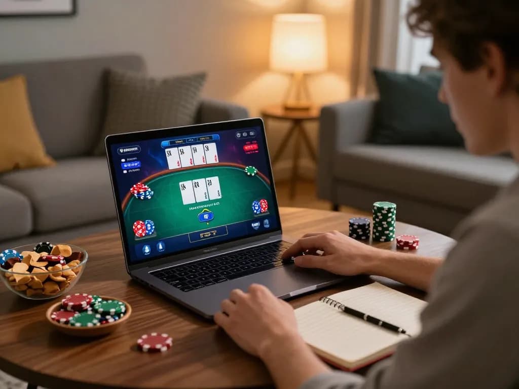 Engaged player on Pokerseri platform playing poker online with vibrant game interface, cozy home atmosphere.
