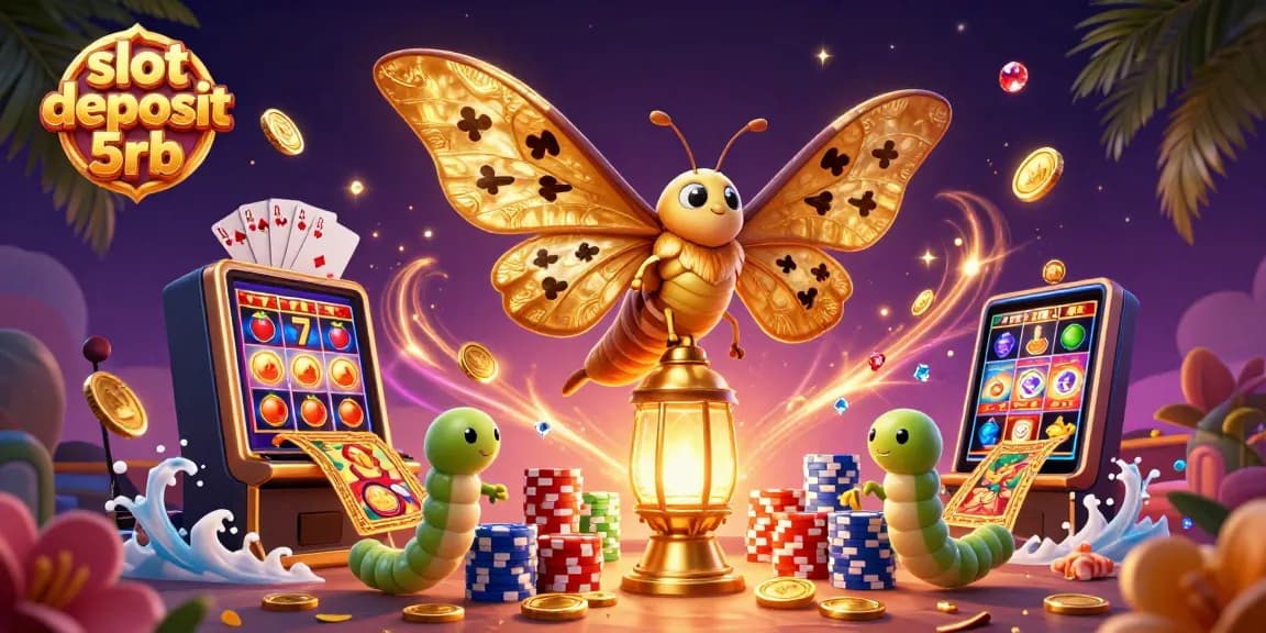 Engage with slot deposit 5rb visuals featuring a vibrant 3D illustration of casino elements and characters.
