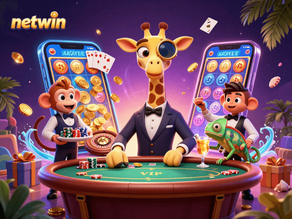 Experience thrilling gaming at netwin with a high-roller giraffe, monkey valet, and chameleon bartender.