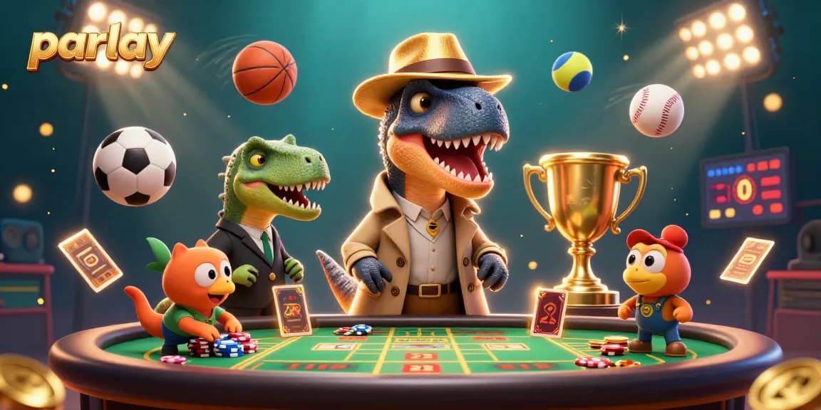 Experience thrilling parlay betting action with animated dino characters and dynamic sports elements
