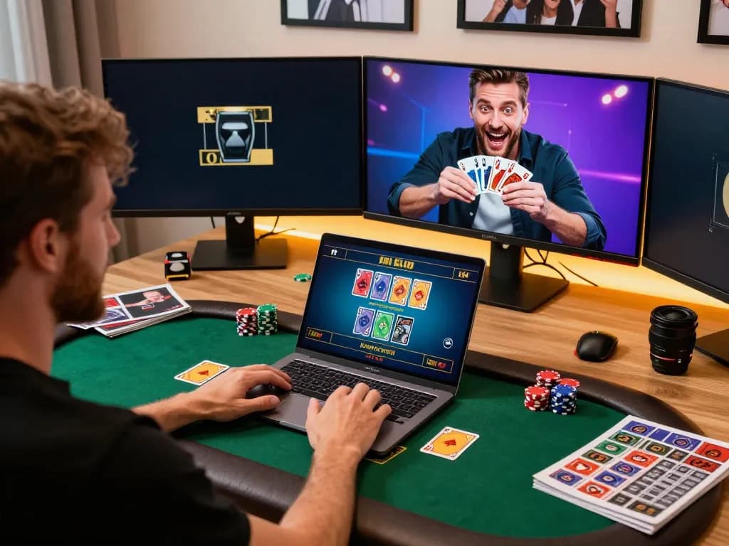 Engaged player on g28tv enjoying live blackjack online, with laptop displaying cards and chips.