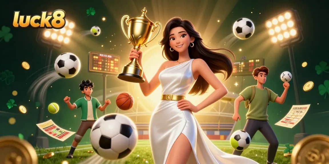 Experience luck8's thrilling betting atmosphere with a victorious woman holding a trophy in a dynamic casino scene.