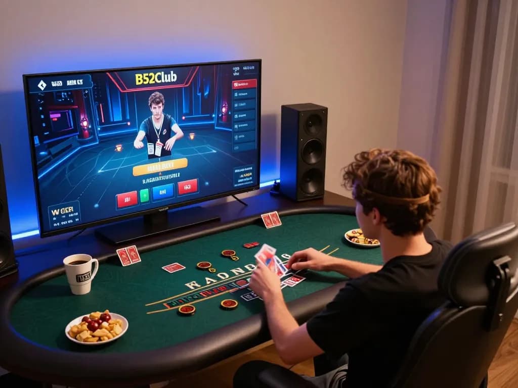 B52club player engaged in live dealer blackjack at home with snacks and ambient lighting.