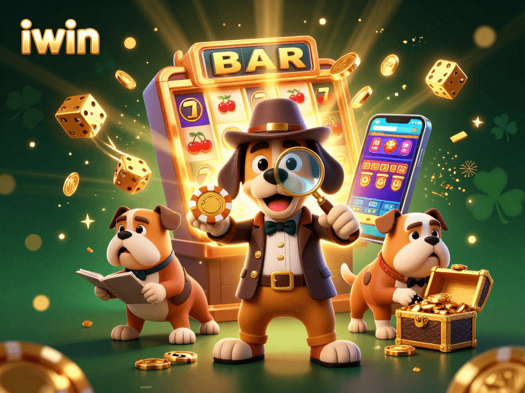 iwin showcases a thrilling jackpot scene with a cartoon detective and lucky symbols bursting with vibrant energy.