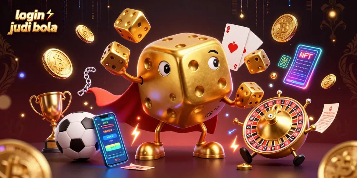 Engage with login judi bola through an exciting illustration of a sports betting scene featuring a dice golem and crypto elements.
