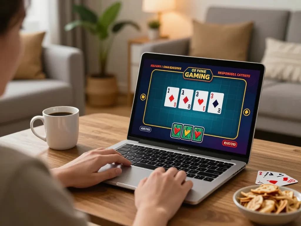 Nego77 player engaged in an online casino game on a laptop, with cozy home vibes.