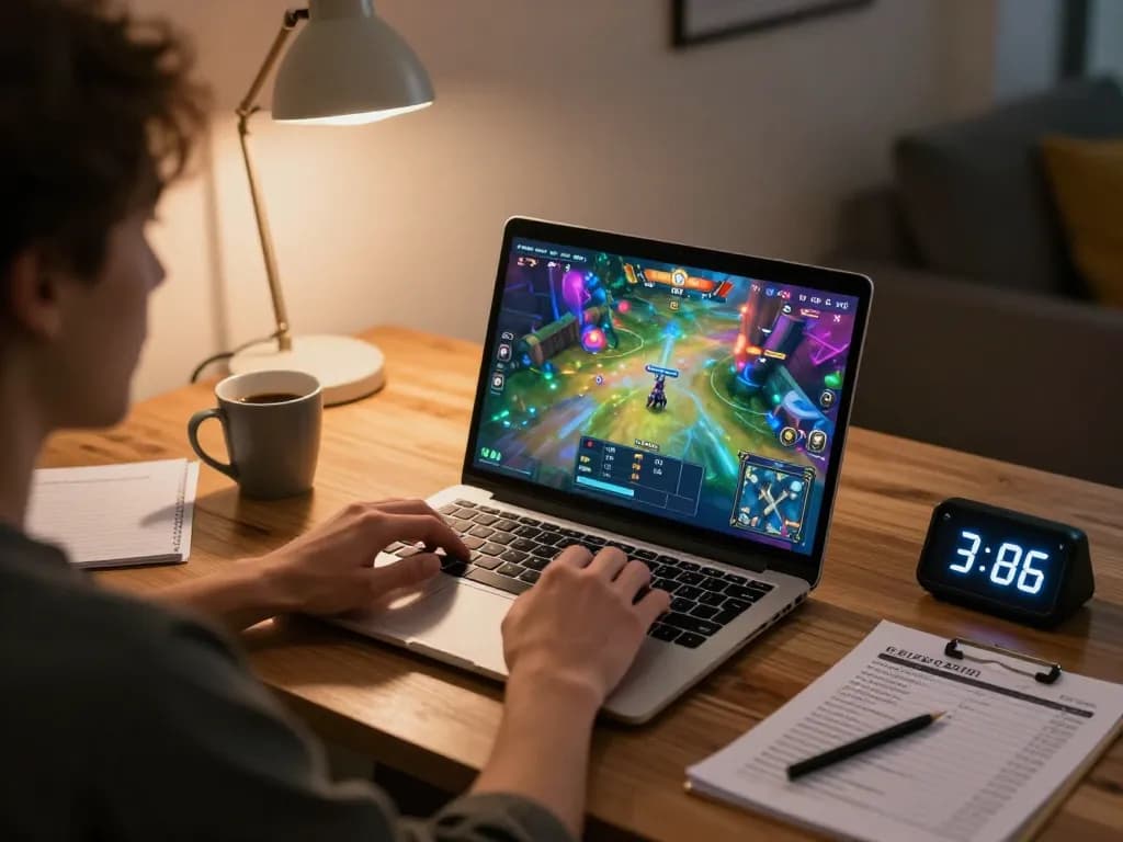 MPOID player engaged in vibrant online game from cozy home office.