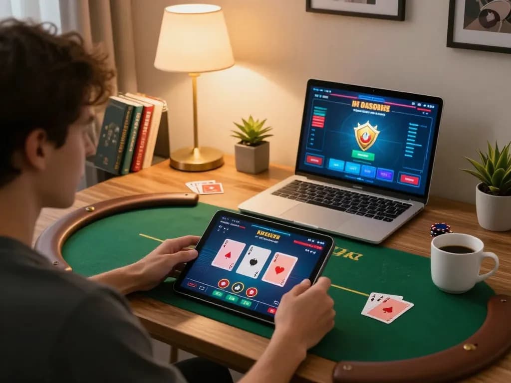Player engaged in online poker game using SC88 tablet in a cozy home setting.