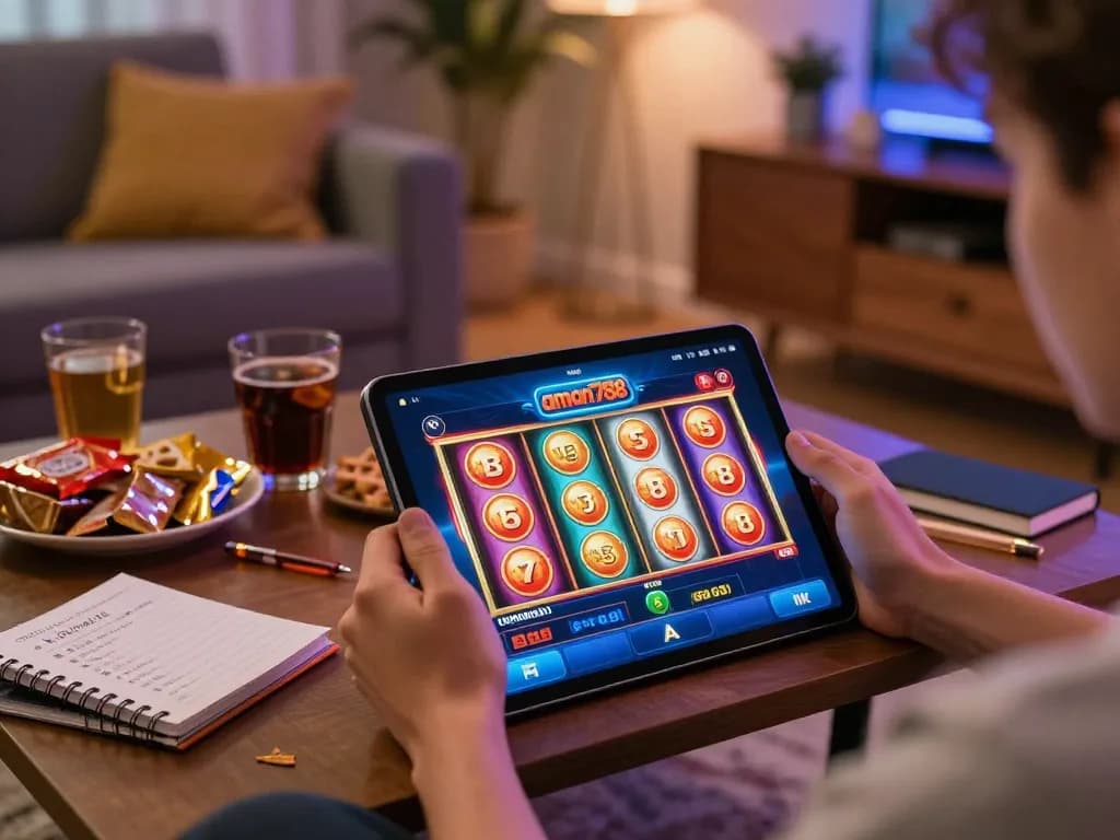 Nikmati permainan slot di aman788 dengan gulungan berputar di tablet di ruang tamu yang nyaman.