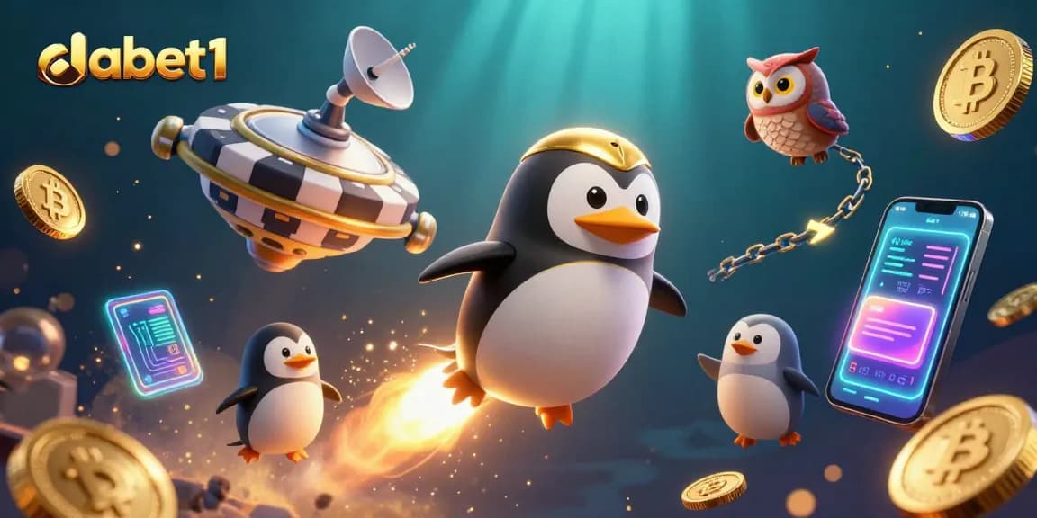 Dabet1 fuels excitement with a rocket-powered penguin amidst a space casino scene filled with crypto elements.