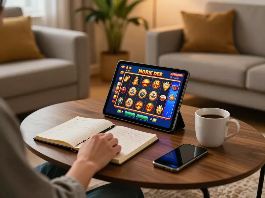 Engaging gameplay on kdslot77 with a colorful slot machine displayed on tablet, cozy home setup.