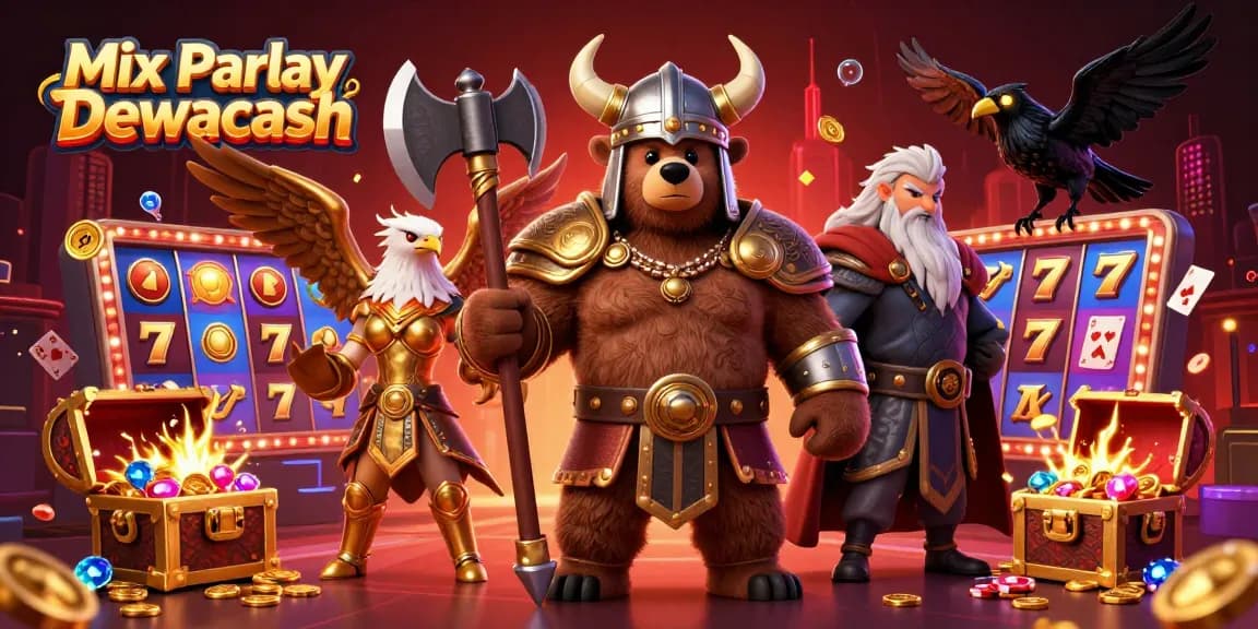 Engage in Mix Parlay Dewacash as bold characters immerse in a vibrant casino scene.