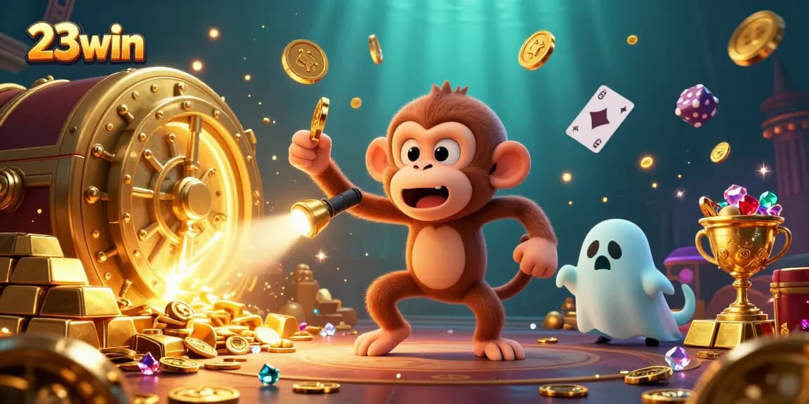 Engage with the 23win ghost-hunter puppy tracking a playful monkey in a vibrant haunted casino scene.
