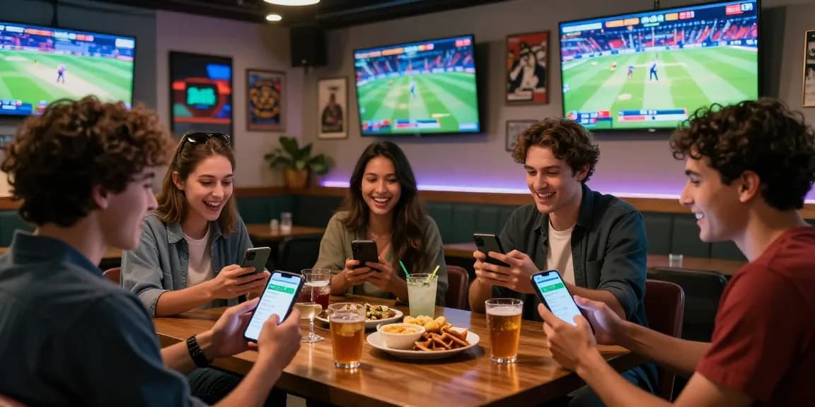 Friends enjoying live cricket betting with Fairplay24 on smartphones in a lively lounge.