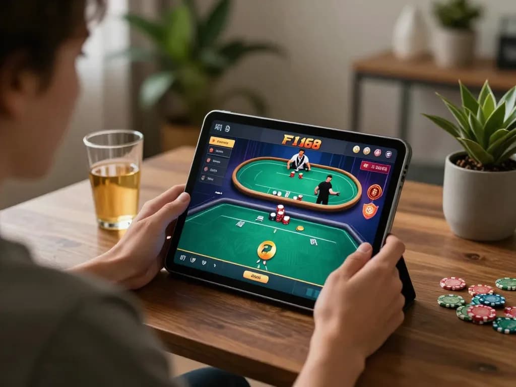 Engaging in F168 online gaming on a tablet, showcasing live poker action in a cozy atmosphere.