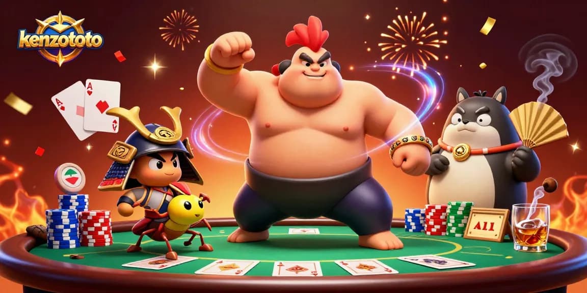 Engage in thrilling gameplay at kenzototo with a dynamic 3D scene featuring a sumo wrestler and samurai cricket.
