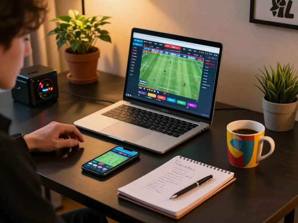 Betting on kèo bóng đá with a laptop and smartphone during an engaging online gambling session.