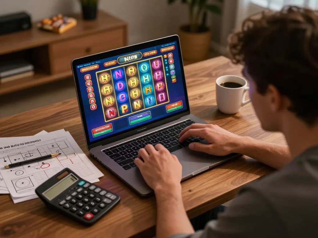 Online player engaging in nổ hũ gameplay with strategy notes and digital slots visible