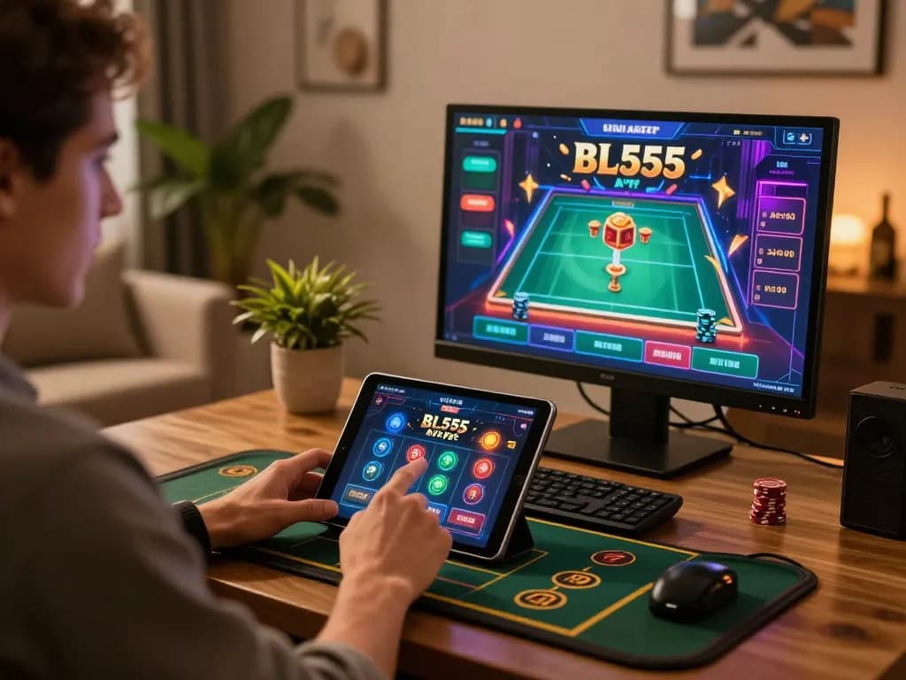Engaged player using Bl555 mobile app to place bets in a stylish living room setup.