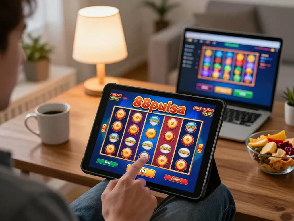 Engaging moment with 88pulsa slot gameplay on a tablet, showcasing an exciting at-home casino experience.