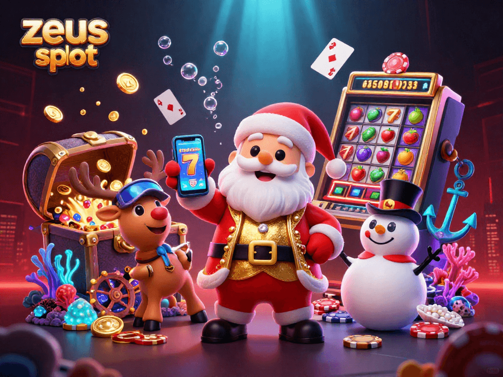 Experience thrilling wins in zeus slot with Santa and companions in a vibrant casino adventure.
