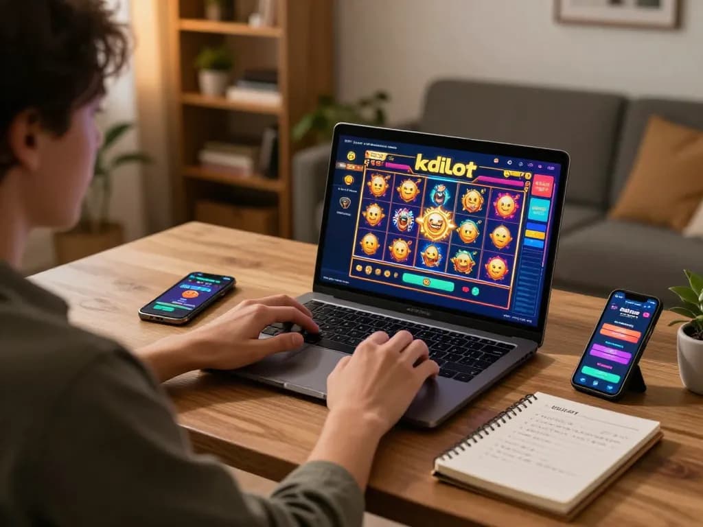 Playing kdslot on a laptop in a cozy home setup, capturing vibrant slot game excitement.