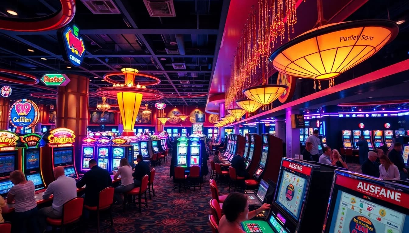 Permainan kasino bbni4d dengan mesin slot berwarna-warni dan suasana energik.