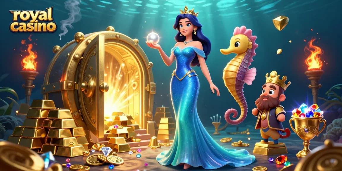 Engage with the royal casino as elegant characters hold gemstones amidst overflowing treasures and gold.