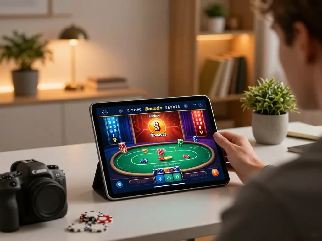MPOSPORT botanicabali gaming enthusiast enjoying a strategic poker session on a tablet in a cozy home office
