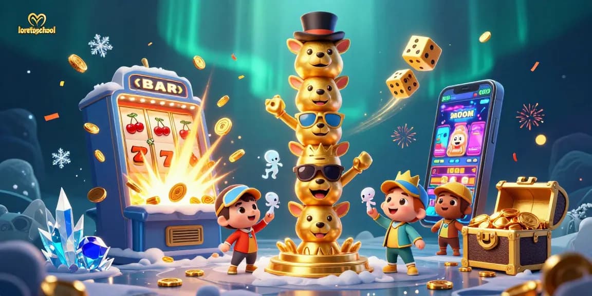 Engage with exciting casino games at loretoschool, featuring animated slot machines, dazzling spirits, and vibrant characters.