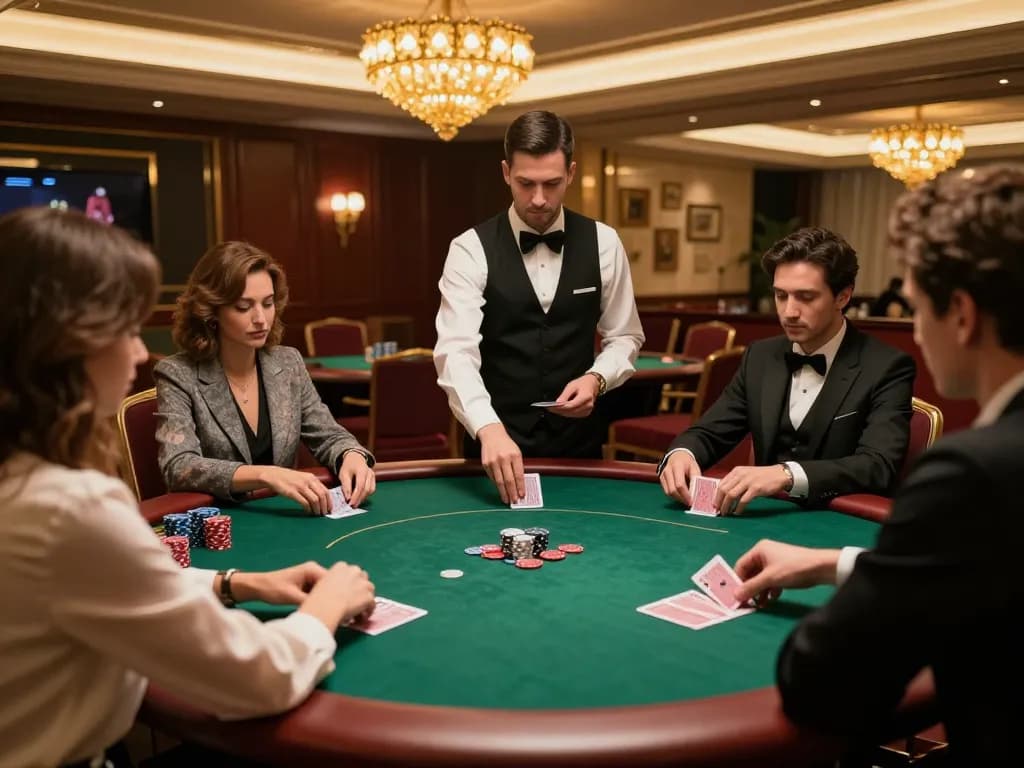 Pemain terlibat dalam permainan poker strategis di kasino elegan MAHKOTA777, menampilkan suasana kompetitif dan permainan berkualitas tinggi.
