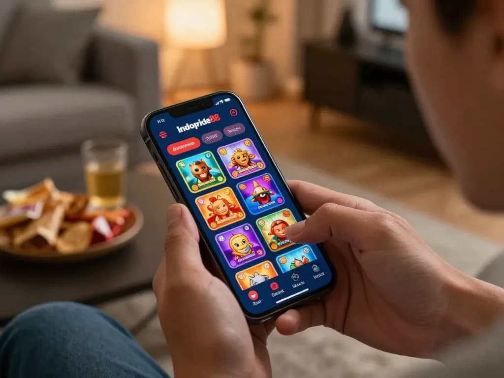 Engaging with indopride88 link alternatif app for online gambling in a cozy living room.