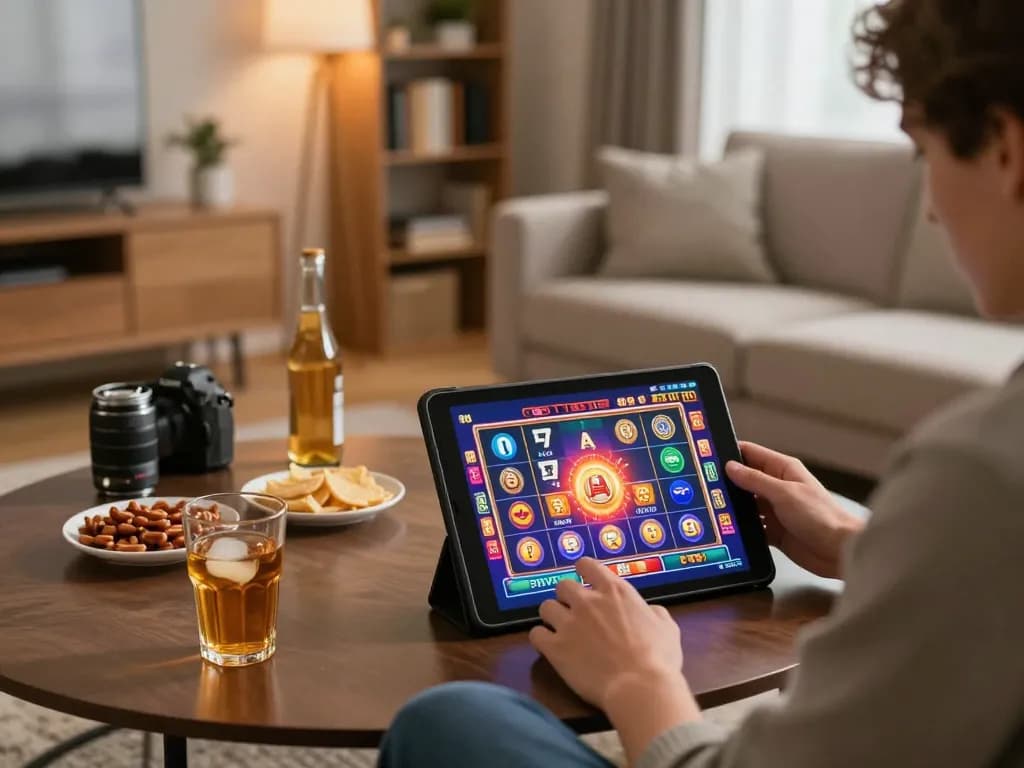 Player enjoying F8BET online slots in a cozy home setting with snacks and winning screen.