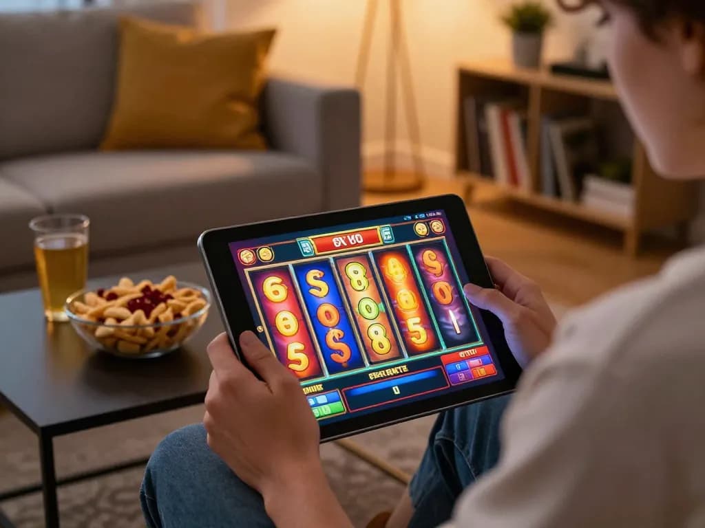 Playing exciting situs slot game on tablet in cozy living room, emphasizing online gaming experience.