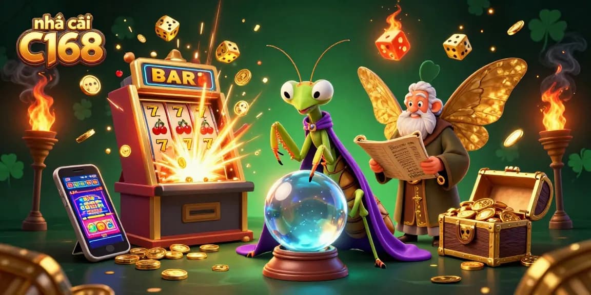 Engage with nhà cái C168's vibrant casino atmosphere filled with dynamic slot machines and mystical characters.