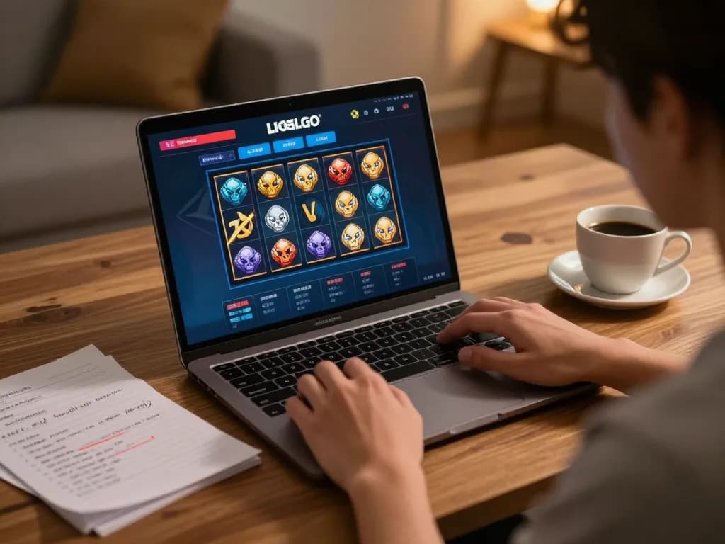 Engaging with LIGALGO demo slots on a sleek laptop in a comfortable gaming environment.