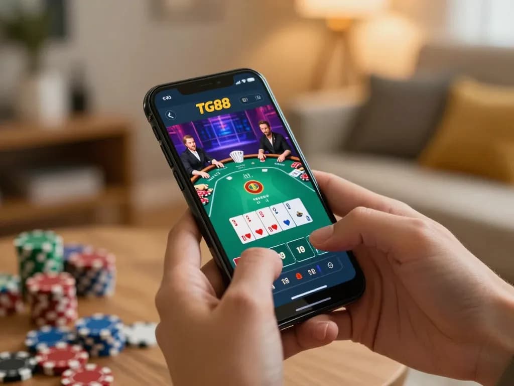 Engaging gameplay on the TG88 app showcases mobile gambling excitement in a cozy setting.