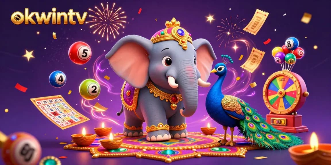 Watch thrilling games on okwintv with a vibrant illustration showcasing colorful lottery balls and prizes.
