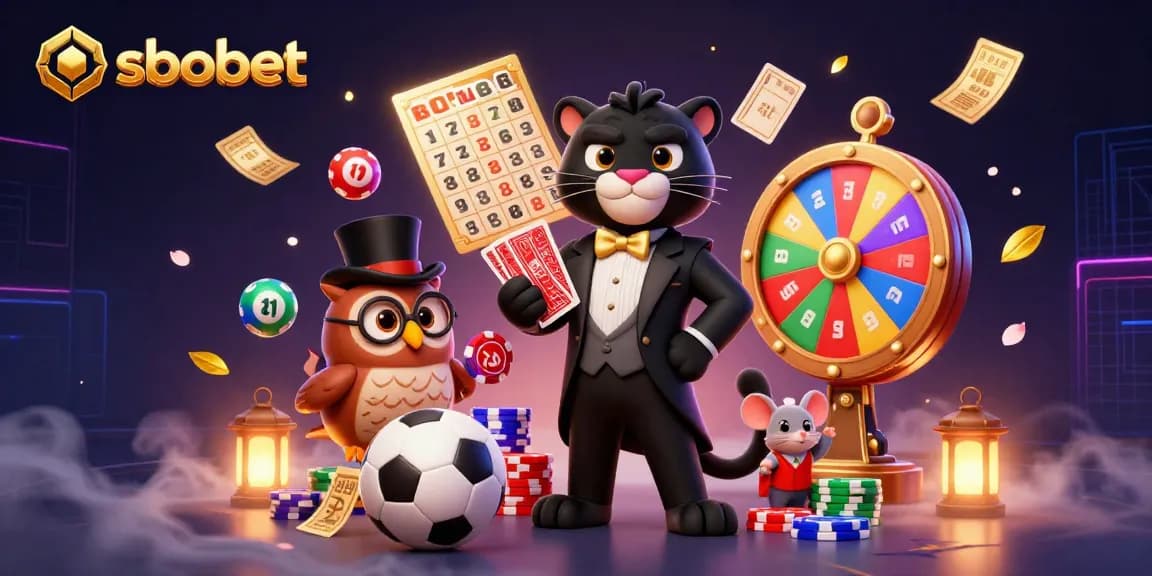 SBOBET sports betting illustration featuring a panther dealer with poker chips, an owl, and dynamic games.