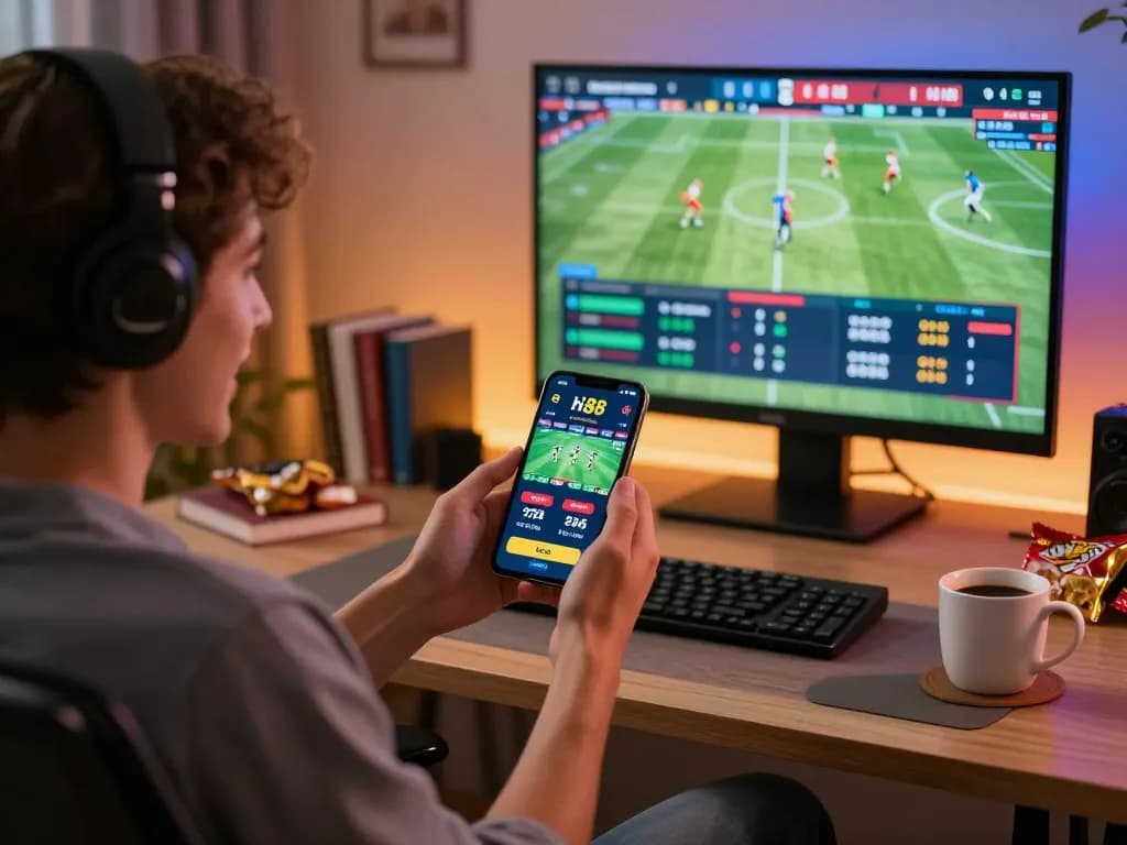 Experience live sports betting on hi 88 smartphone app in stylish home office setting.